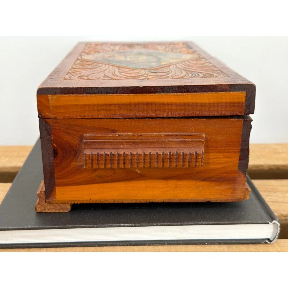 Vintage Cedar Wood Jewelry Box Hand Carved Cottage Landscape Keepsake Chest